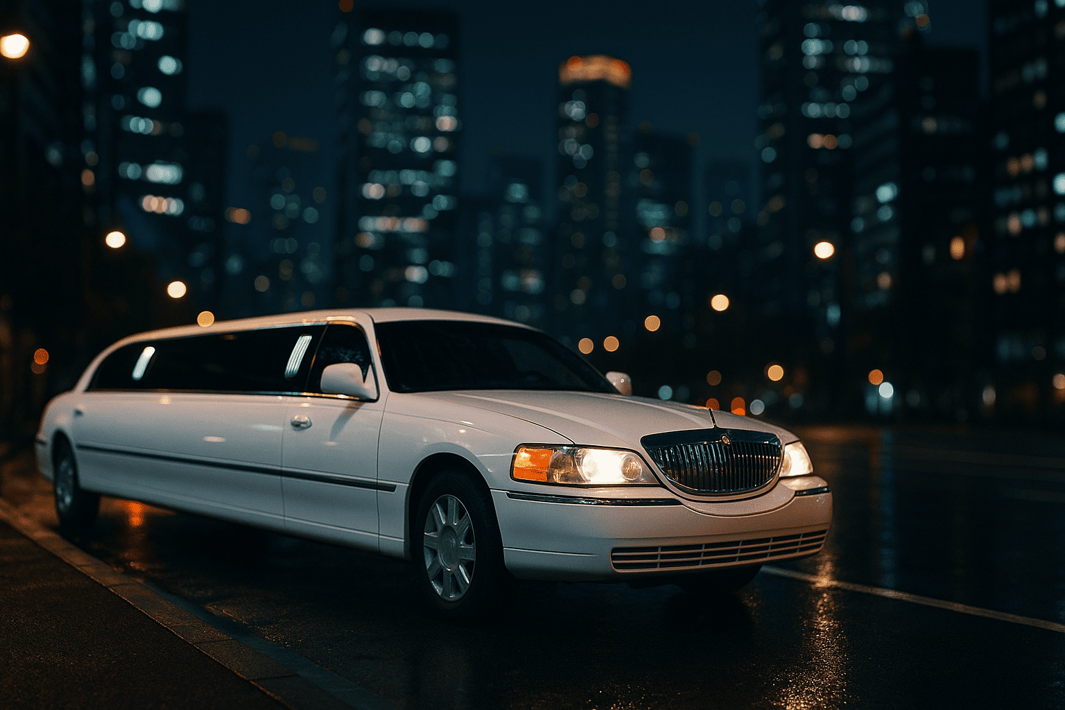 夜の東京でリムジンを安くレンタルするイメージ