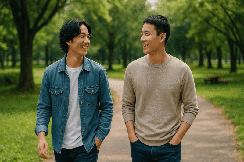 公園を歩きながら会話する二人