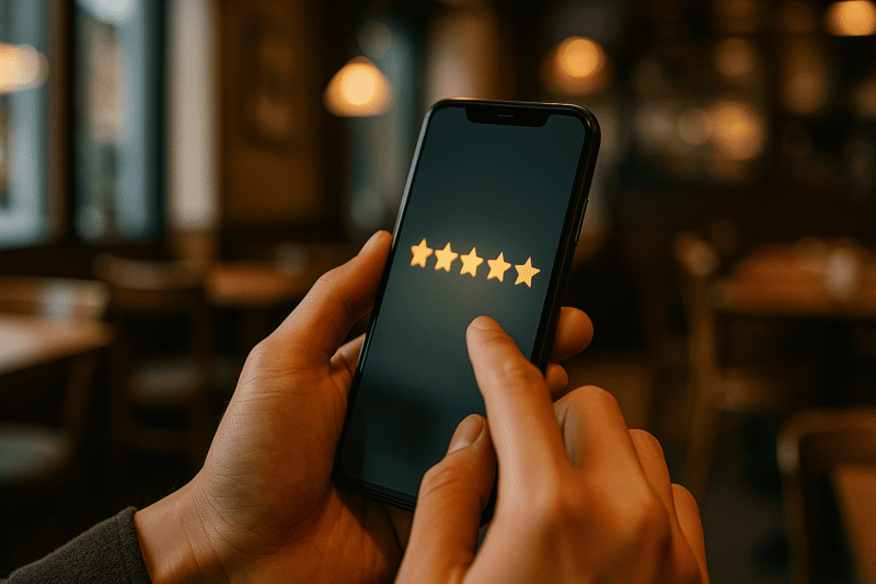 カフェでスマホの口コミ評価画面を見る人