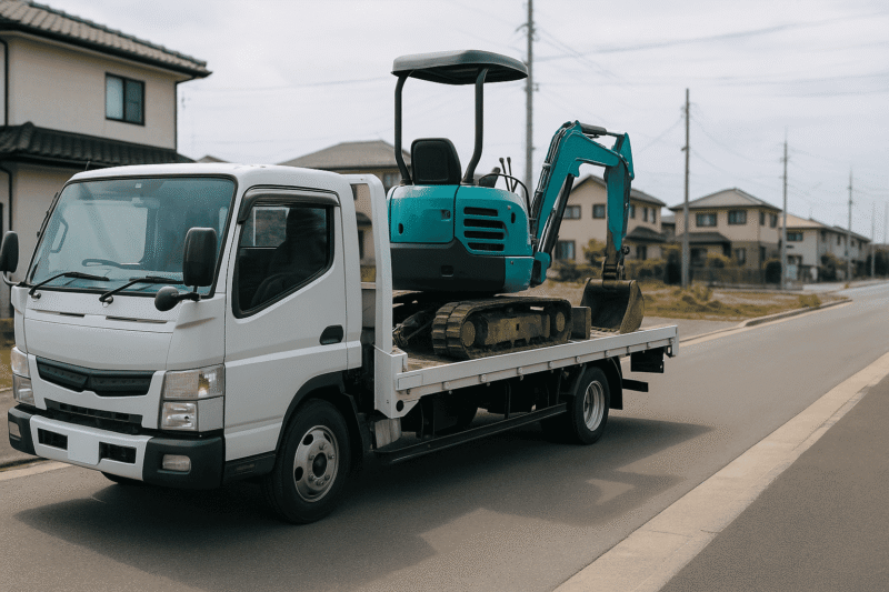 ユンボを積載したトラックが現場へ回送される様子