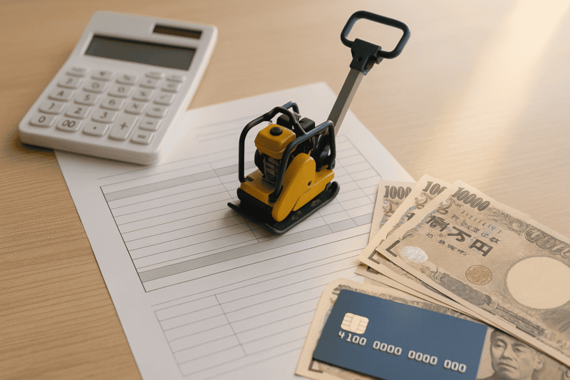 転圧機レンタル料金を計算する電卓と見積書と模型のプレートコンパクターのイメージ