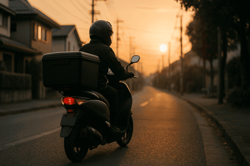 配達用ボックス付きスクーターが夕暮れの住宅街を走行