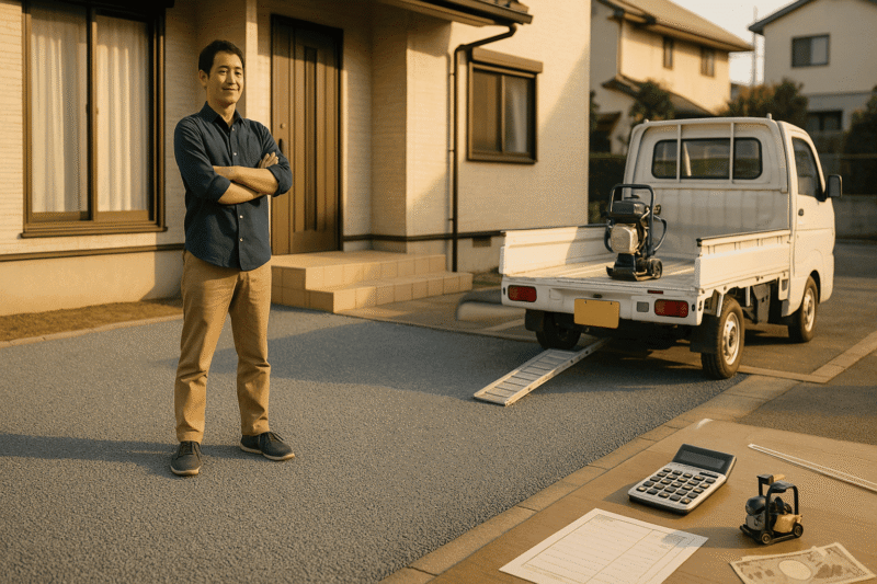 転圧機レンタルで整地した駐車場を眺めるDIYユーザーと軽トラック