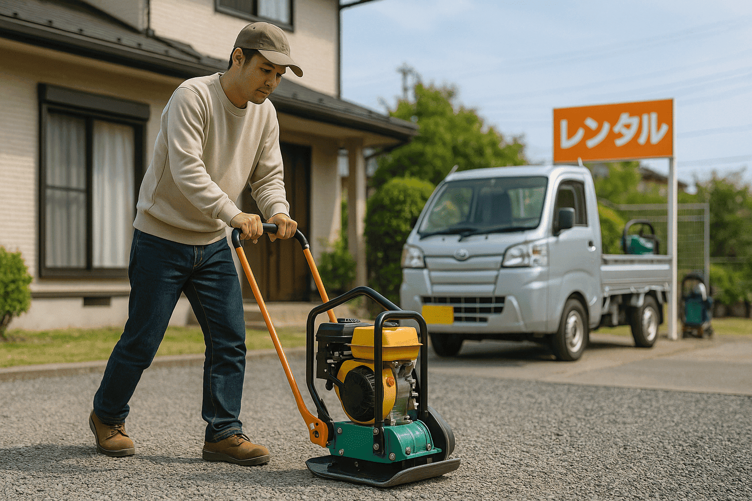 庭の整地でホームセンターの転圧機をレンタルして作業するDIYユーザー