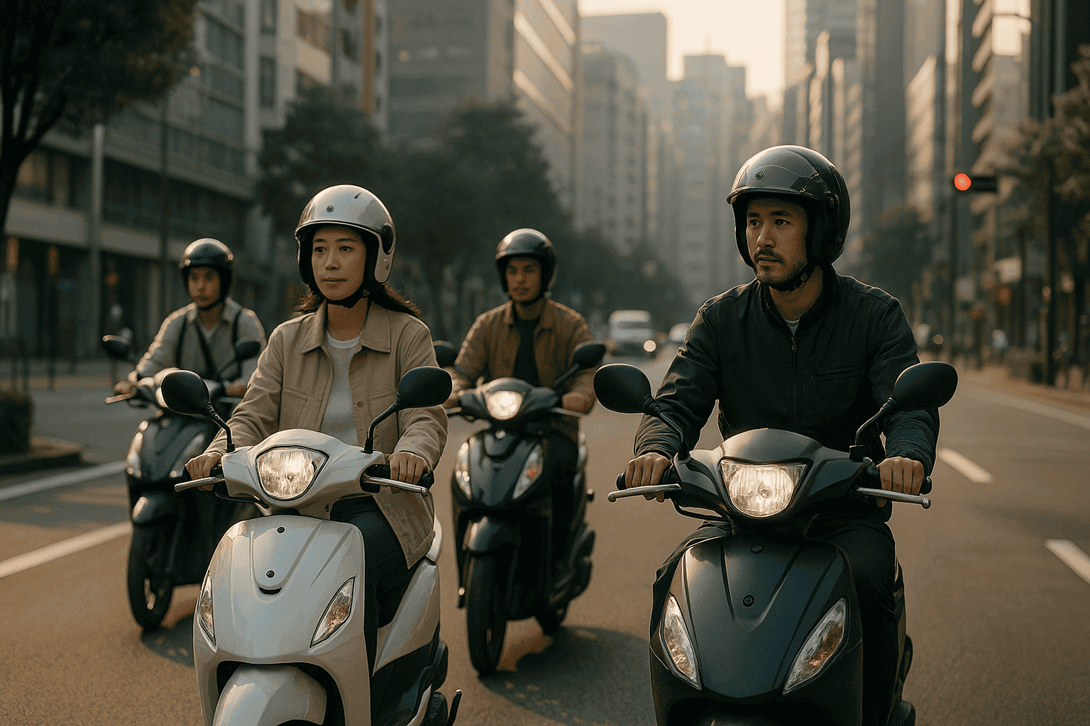 都市部で原付スクーターに乗る通勤中の利用者