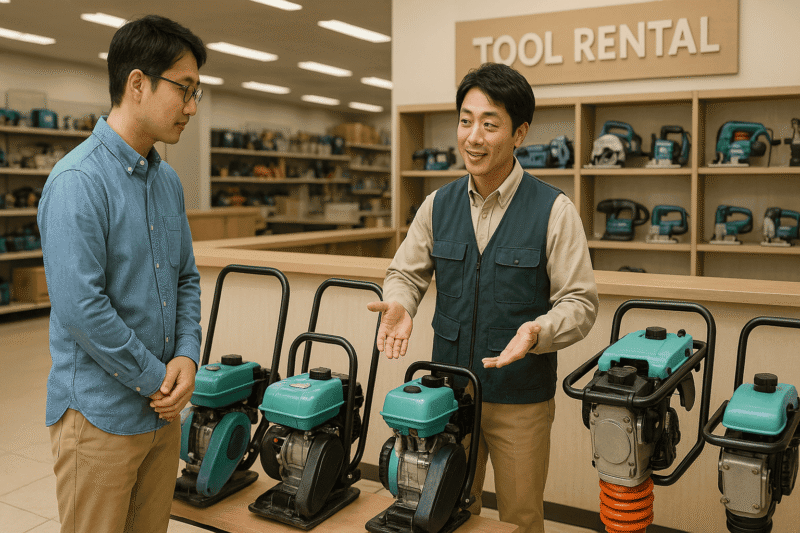 ホームセンターの工具レンタルコーナーで転圧機をスタッフから説明されている様子