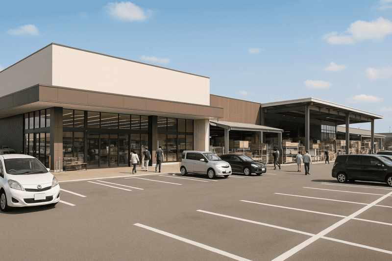 郊外の大型ホームセンター外観と広い資材売り場のイメージ写真