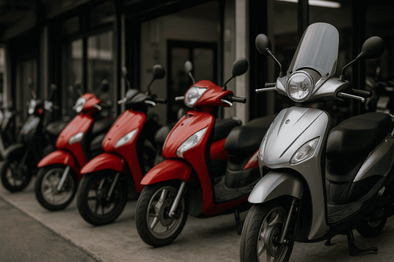 原付レンタル用に並ぶ50〜125ccスクーターの車両群