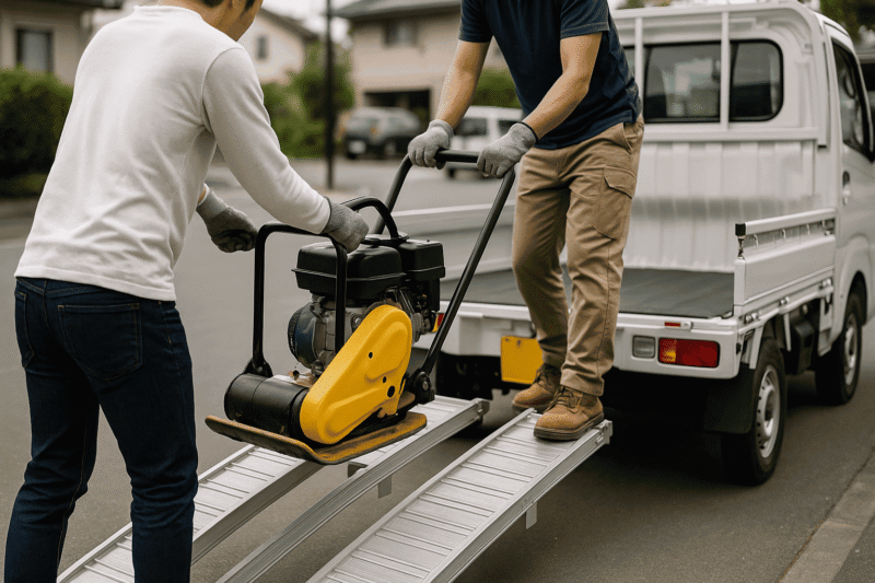 軽トラックの荷台に転圧機をスロープで積み込むDIYユーザーの運搬準備イメージ