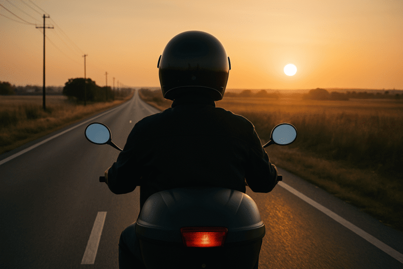 直線道路を長距離走行するスクーターの後ろ姿
