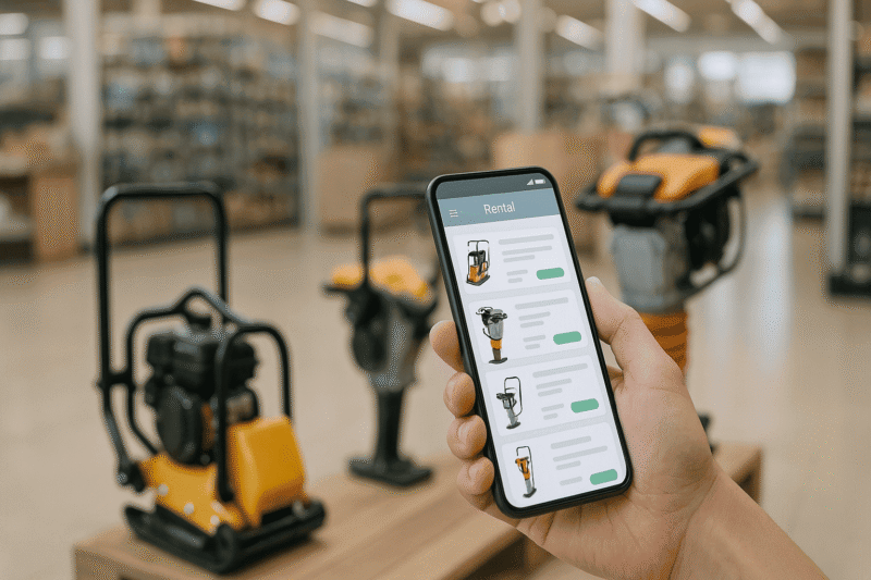 スマホで転圧機レンタルをオンライン予約するイメージとホームセンター店内の転圧機