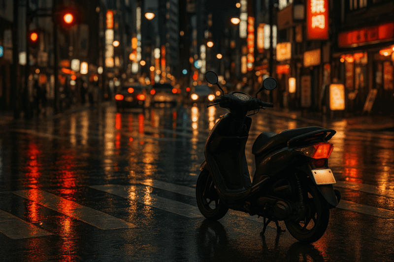 大阪の街角で信号待ちするスクーター