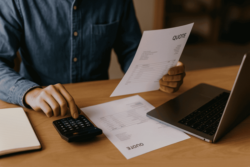 ユンボレンタルの見積書と電卓を確認する個人