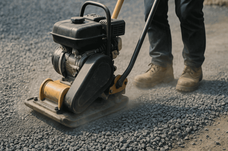 砕石の駐車場をプレートコンパクターで転圧している足元のクローズアップ写真
