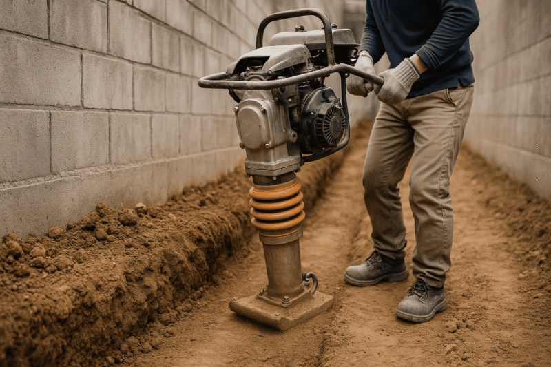 ブロック塀の基礎部分の溝をジャンピングランマーで転圧している作業イメージ