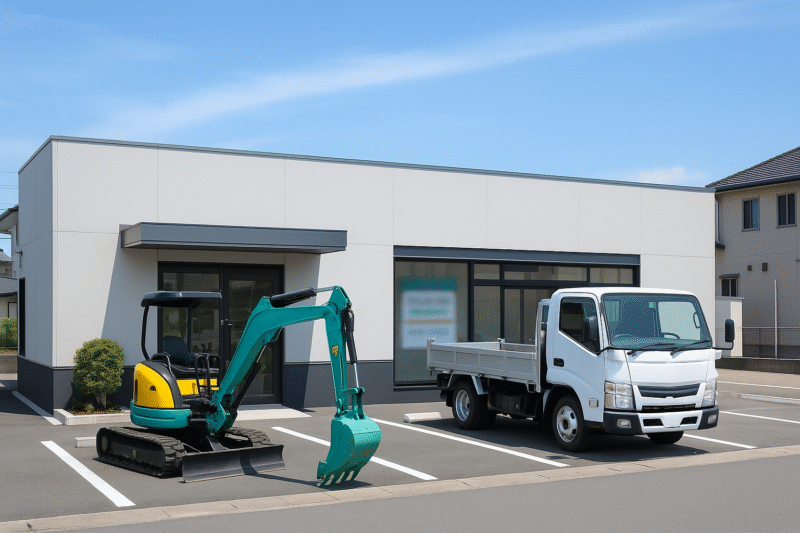 ユンボを扱う建機レンタル会社の営業所外観