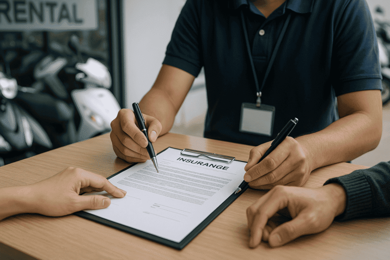 レンタルカウンターで保険書類を確認するスタッフと利用者