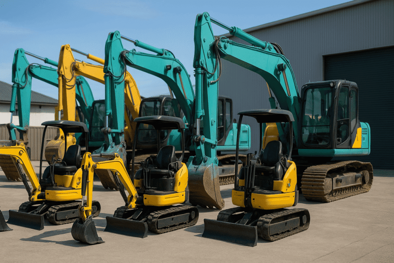 建機レンタルヤードに並ぶ小型ユンボと中型ユンボ