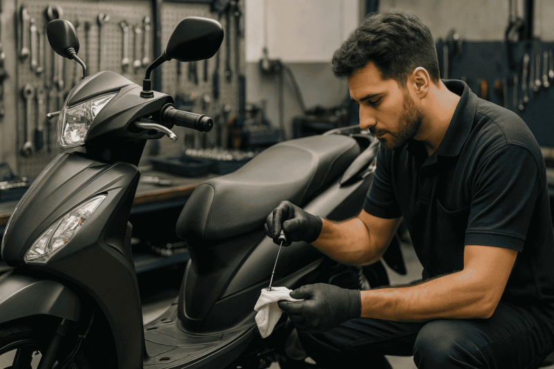 整備工場でスクーターのオイル点検を行う整備士