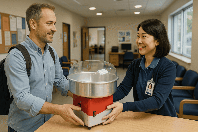 地域センターの職員が地域団体に綿菓子機を貸し出している光景。室内での丁寧な対応