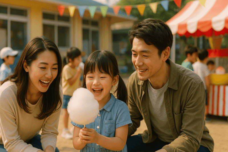 幼稚園の屋外イベントで親子が綿菓子を楽しむ明るい昼の風景。心温まる雰囲気