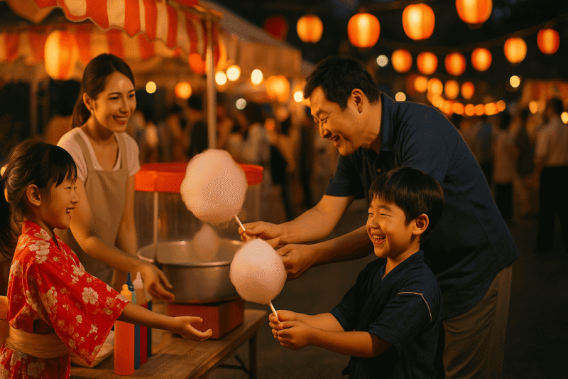 提灯が灯る日本の地域夏祭りで、大人が子どもに綿菓子を渡す温かい夕暮れの情景