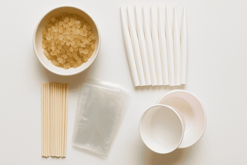 白いテーブル上に綿菓子づくりの材料(ザラメ、紙スティック、袋、カップ)が整然と並ぶ俯瞰構図