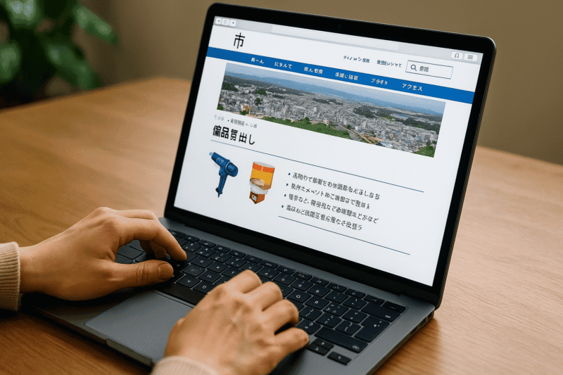 ノートパソコンで自治体の備品貸出ページを検索している日本人利用者の手元