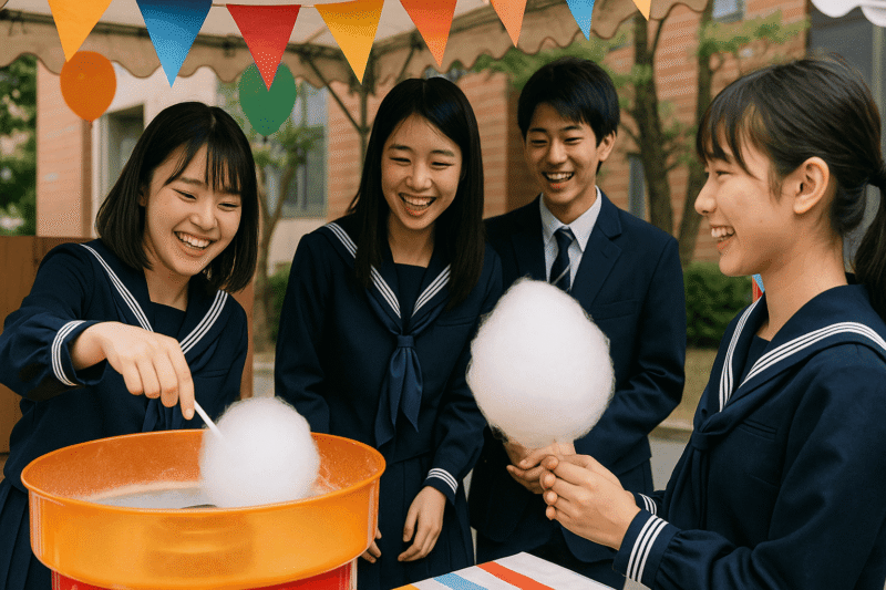 学園祭で制服姿の高校生が綿菓子を作っている風景。活気ある屋台ブースのイメージ