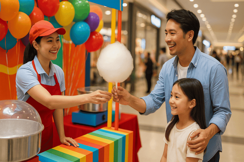 ショッピングモールの店頭イベントでスタッフが綿菓子を配布している様子