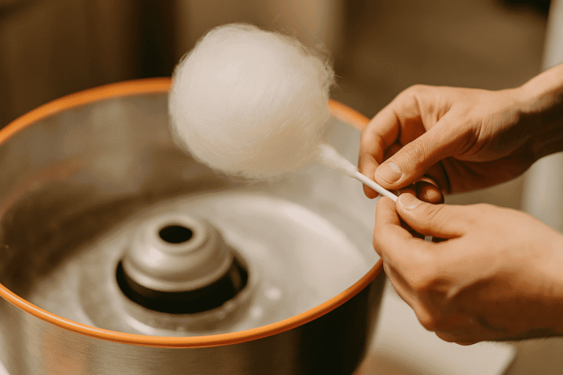 綿菓子を棒に巻き取る手元のクローズアップ。柔らかな光でふんわりした質感を表現