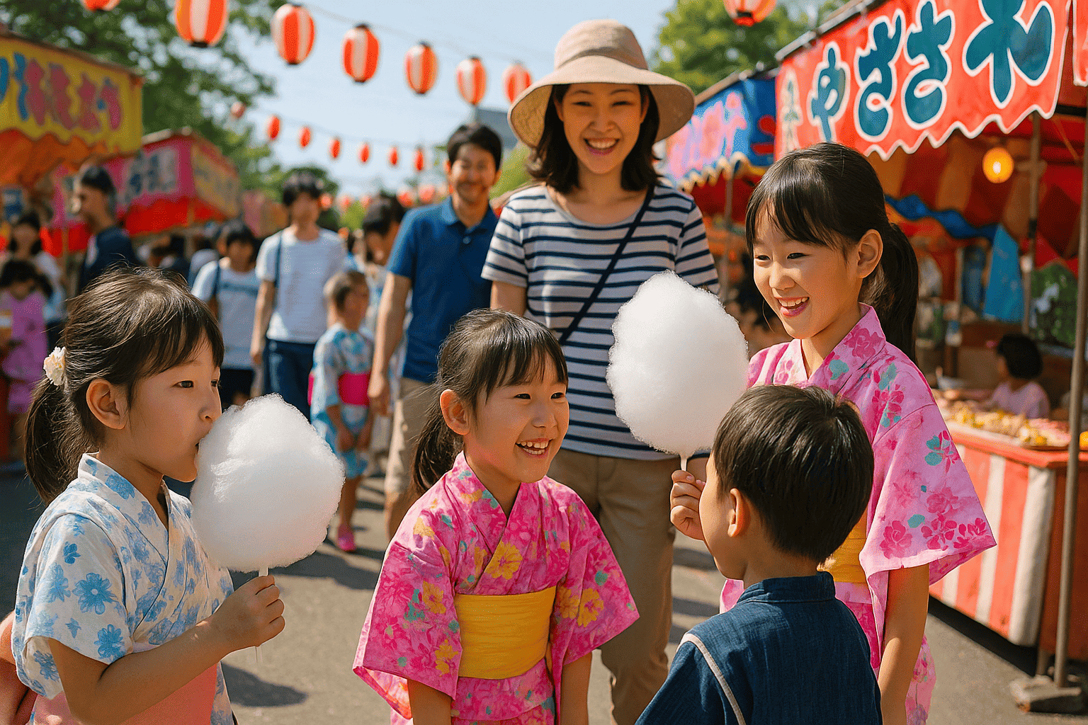 日本の夏祭りで家族や子どもたちが綿菓子を楽しむ様子。明るい昼間の屋台風景