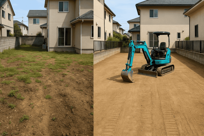 ミニユンボで整地された庭のビフォーアフター