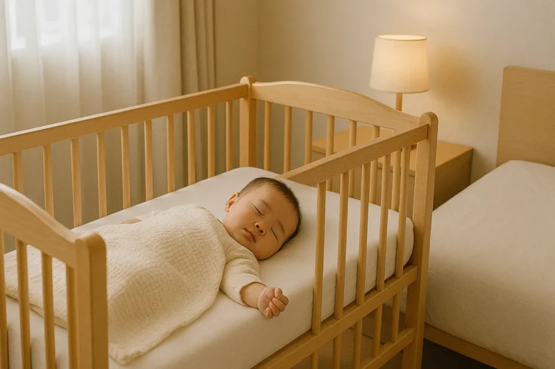 レンタルされたベビーベッドを使う赤ちゃん
