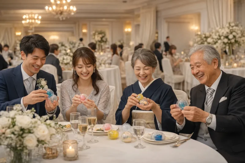 ガチャガチャで盛り上がる結婚式のゲスト